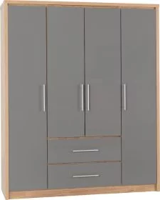 Wardrobe - SELSEY 4 Door Wardrobe Grey High Gloss with Light Oak 148.5cm