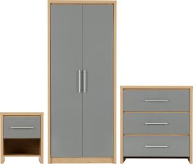 Wardrobe Set - SELSEY Bedroom Set Grey High Gloss Light Oak Effect Veneer 76cm