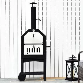 Outdoor Garden Pizza Oven Charcoal BBQ Grill 3-Tier Freestanding w/Chimney, Mesh Shelf, Thermometer Handles, Wheels Garden Party Gathering