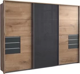 Sliding Wardrobe - SOGO 3 Door Mirrored Wardrobe Oak with Black 270cm