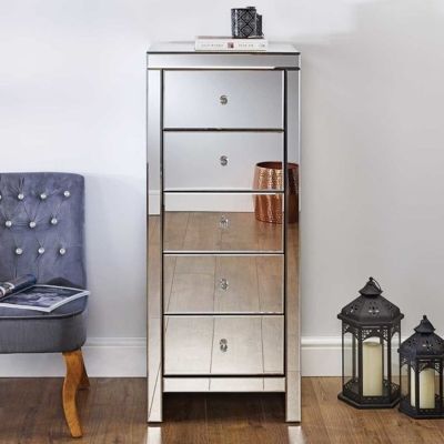 SUTTON Silver Chest of Drawers - Tallboy, Large-sized, 5 Drawers, Mirrored, Ready Assembled