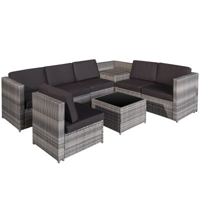 6 Seater Rattan Garden Furniture Patio Rattan Sofa and Table Set with Cushions 8 pcs Corner Wicker Seat Grey