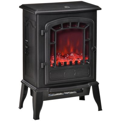 Freestanding 1000W/2000W Electric Fireplace Stove With Realistic Flame Effect - Black