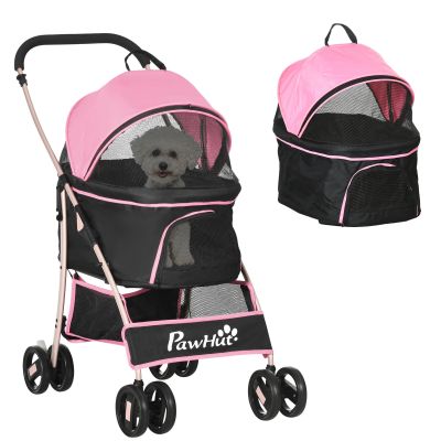 Detachable Pet Stroller, 3-In-1 Dog Cat Travel Carriage, Foldable Carrying Bag with Universal Wheel Brake Canopy Basket Storage Bag, Pink