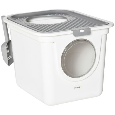 Cat Litter Box Pet Toilet Enclosed Kitten Pan w/ Front Entrance Top exit Scoop, White