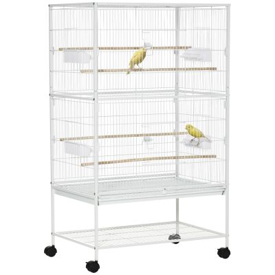 Large Bird Cage Aviary for Finch Canaries, Budgies with Rolling Stand, Slide-out Tray, Storage Shelf, Wood Perch, Food Containers, White