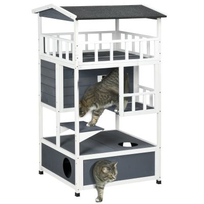 Cats Fir Wood 3-Tier Waterproof Play House Grey