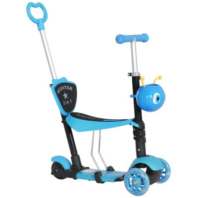 5-in-1 Kids Toddler 3 Wheels Mini Kick Scooter Push Walker with Removable Seat & Back Rest for Girls and Boys Blue
