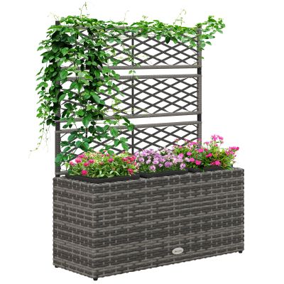 33L Garden PE Rattan Planter w/ Trellis, Free Standing Flower Raised Bed, Garden Planter for Climbing Plants, 84 x 30 x 107cm, Light Grey