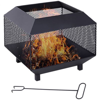 Metal Square Fire Pit Outdoor Mesh Firepit Brazier w/ Lid, Log Grate, Poker for Backyard, Camping, Wood Burning Stove, 44 x 44 x 40cm, Black