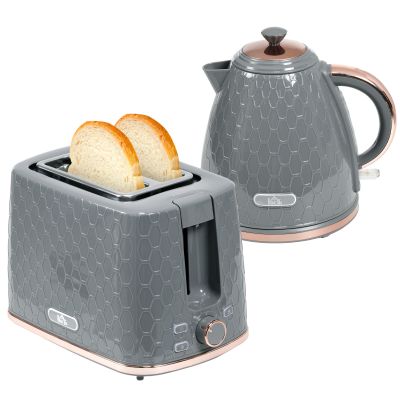 1.7L 3000W Fast Boil Kettle & 2 Slice Toaster Set, Kettle and Toaster Set with Auto Shut Off, Browning Controls, Grey