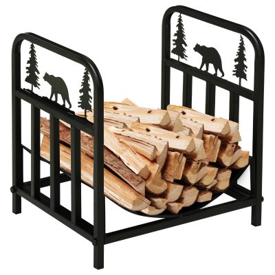 Firewood Log Rack Curved Fireplace Log Holder Wood Storage Rack with Handles, Bear Shape Design, Outdoor and Indoor, 42 x 33.5 x 43 cm, Black