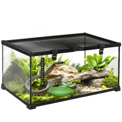 50 x 30 x 25 cm Reptile Glass Terrarium, Reptile Breeding Tank, Climbing pet Glass Containers, Arboreal Box, with Strip Patch Thermometer-Black