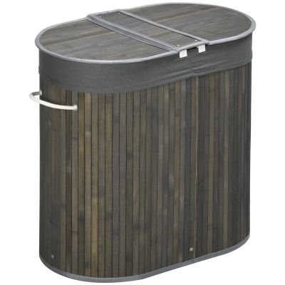 Bamboo Laundry Basket with Lid, 100 Litres Laundry Hamper with 2 Sections, Removable Washable Lining, Washing Baskets, 62.5 x 37 x 60.5cm, Grey