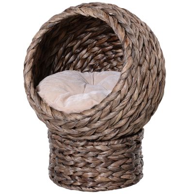 Brown Wicker Cat Bed with Raised Rattan Basket and Washable Cushion