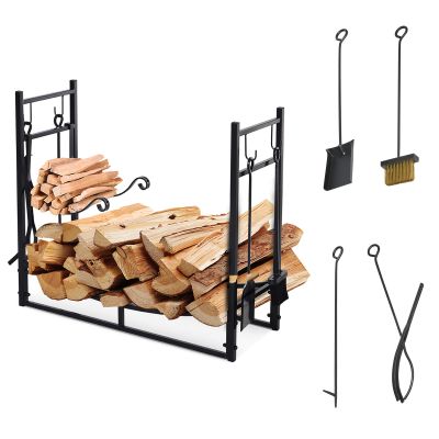 Firewood Stand Log Rack Holder 84cm with 4-PC Fireplace Tools Set, Indoor Outdoor, Metal, Black