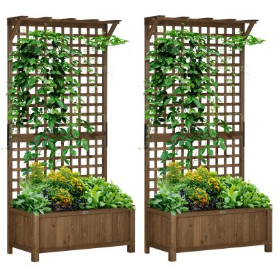 2 Pcs Raised Bed with Drainage Holes, Wood Planter with Trellis for Climbing Plants to Grow Vegetables, Flowers, Brown