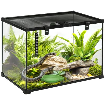 50 x 30 x 35 cm Reptile Glass Terrarium, Reptile Breeding Tank, Climbing pet Glass Containers, Arboreal Box, with Strip Patch Thermometer-Black