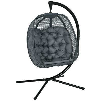 Outdoor Swing Chair w/ Thick Padded Cushion, Patio Hanging Chair w/ Metal Stand, Foldable Basket, Cup Holder, Dark Grey