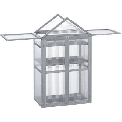 3-Tier Wooden Cold Frame Greenhouse Garden Polycarbonate Grow House w/ Adjustable Shelves, Double Doors, 80 x 47 x 138cm, Grey