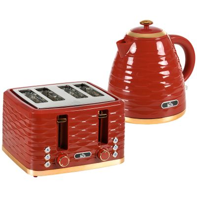 3000W 1.7L Rapid Boil Kettle & 4 Slice Toaster, Kettle and Toaster Set with 7 Browning Controls and Crumb Tray, Red