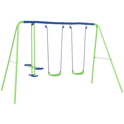 Metal Swings & Seesaw Set Double Seats with a Height Adjustable Children Outdoor Backyard Play Set for Toddlers Over 3 Years Old, Green
