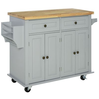 Rolling Kitchen Island Storage Trolley with Rubber Wood Top & Drawers for Dining Room, Grey
