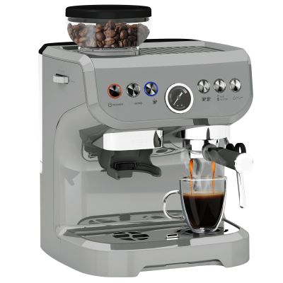 HERON 15 Bar Coffee Machine, with Adjustable Grind, Steamer and Accessories - Silver Colour