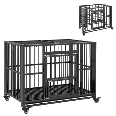 43" Heavy Duty Dog Crate, Foldable Dog Cage, with Openable Top, Locks, Removable Tray, Wheels - Black