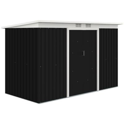 9 x 4 ft Metal Garden Storage Shed Patio Corrugated Steel Roofed Tool Box with Base, Kit Ventilation and Doors, Dark Grey