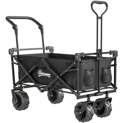 Folding Trolley Cart Storage Wagon Beach Trailer 4 Wheels with Handle Overhead Canopy Cart Push Pull for Camping, Black