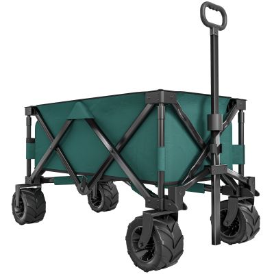 Outdoor Pull Along Cart Folding Cargo Wagon Trailer Trolley for Beach Garden Use with Telescopic Handle, Anti-Slip Wheel - Green