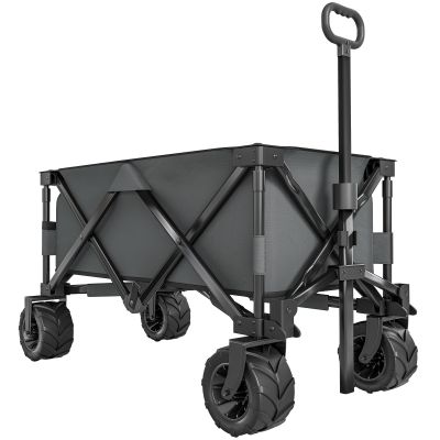 Outdoor Pull Along Cart Folding Cargo Wagon Trailer Trolley for Beach Garden with Handle, Anti-Slip Wheel - Dark Grey