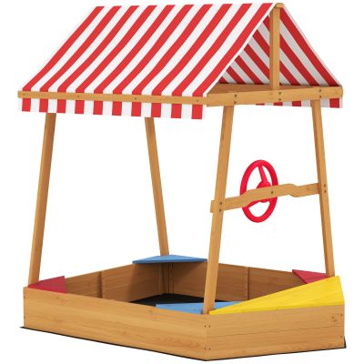 AIVAGO Wooden Kids Sandpit Boat Style with Canopy, 4 Seats, Rudder, Bottom Liner, for Children 3-8 Years, Yellow