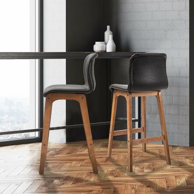 Wooden Frame Faux Leather Brown Bar Stools - Set of 2