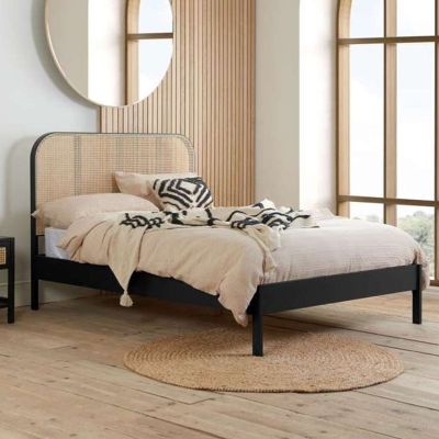 Rattan Curved Headboard Styled Solid Slats Black Bed - Super Kingsize 6ft