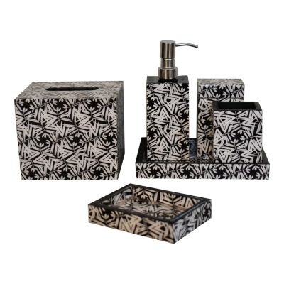 6Pc Aztec Printed Mango Wood Bathroom Set - White and Black