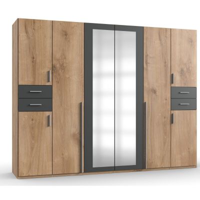 Wardrobe - FENTON 6 Door Mirrored Wardrobe Oak and Graphite 270cm