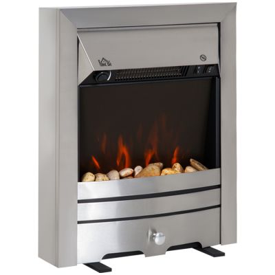 Stainless Steel 2KW Electric Fireplace Pebble Burning Effect Heater Fire Flame Indoor Stove LED Lighting - Silver