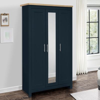 Wardrobe - HEINZ 3 Door Mirrored Wardrobe Navy Blue and Oak Effect 112cm
