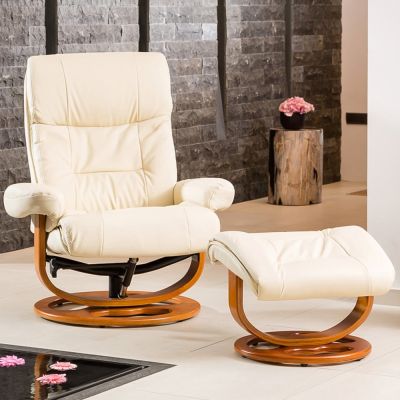Armchair - MOBELUX Leather Swivel Recliner Chair with Stool - Cream