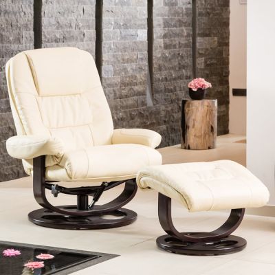 Armchair - THERAVO Leather Swivel Recliner with Stool and Heated Massage Chair - Cream