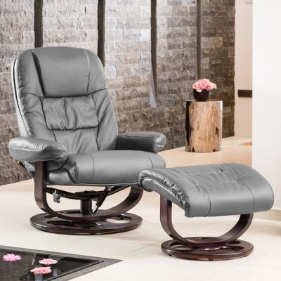 Armchair - THERAVO Leather Swivel Recliner with Stool and Heated Massage Chair - Grey