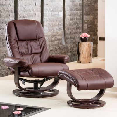 Armchair - THERAVO Leather Swivel Recliner with Stool and Heated Massage Chair - Burgundy