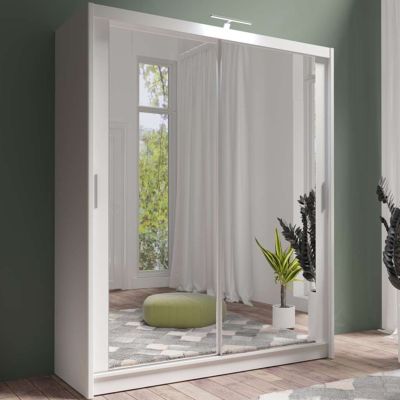 Sliding Wardrobe - AURORA 2 Door Full Mirrored Wardrobe White 180cm