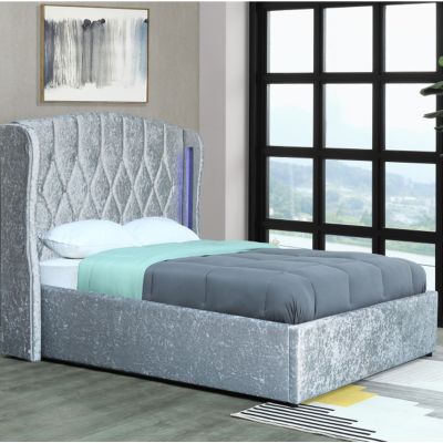 Stockport Ottoman Storage Crush Silver Velvet Bed Frame with LED - 4ft6 Double size