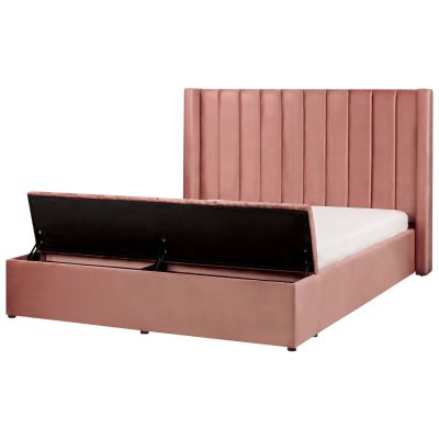 EU King Size Panel Bed Pink Velvet 5ft3 Slatted Base High Headrest with Storage Bench 