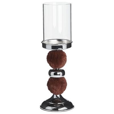 Glass Hurricane Candle Holder 38cm Silver with Brown