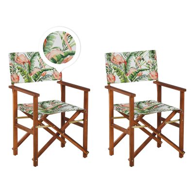 Set of 2 Acacia Folding Chairs and 2 Replacement Fabrics Dark Wood with Off-White / Flamingo Pattern CINE
