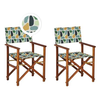 Set of 2 Acacia Folding Chairs and 2 Replacement Fabrics Dark Wood with Off-White / Geometric Pattern CINE